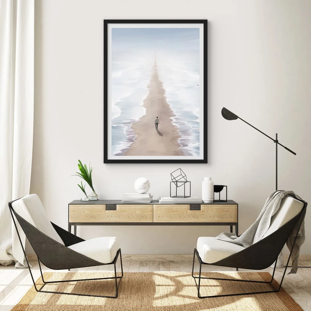 Affisch i svart ram - En figur går ensam längs en stig genom lugna vatten. - 50x70cm - Ljus framtid - Modern väggdekoration för vardagsrum och sovrum ARTTOR