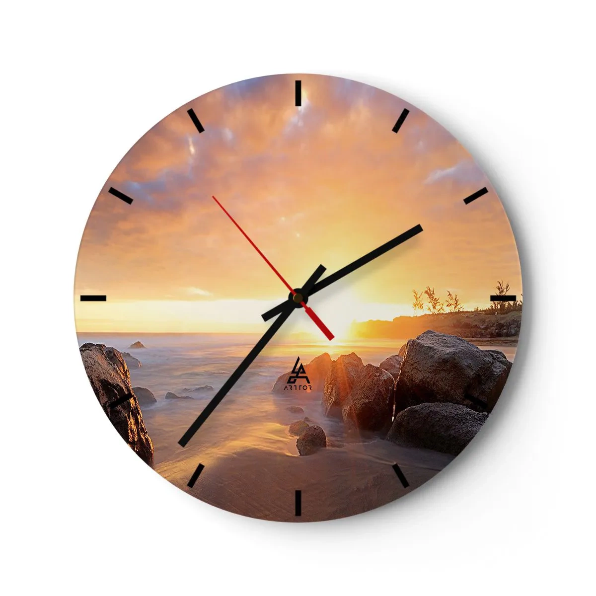 Väggklocka - Klocka på glas - Solnedgång över havet med stenar och varmt ljus - 30x30cm - Kvällens ljusa bris - Modern väggdekoration för vardagsrum, kök och sovrum ARTTOR