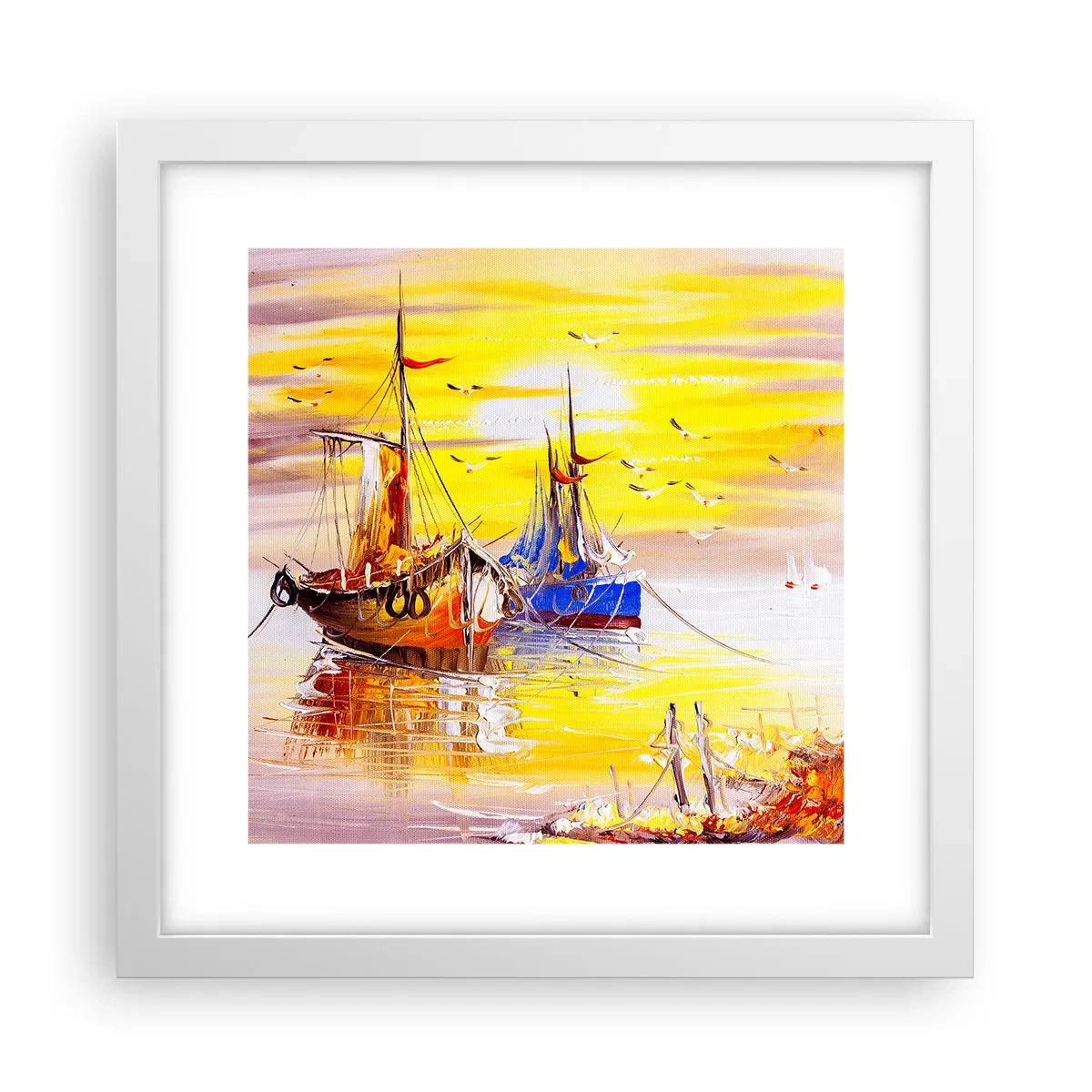 Affisch i vit ram - Välförtjänt vila i hamnen - 30x30 cm