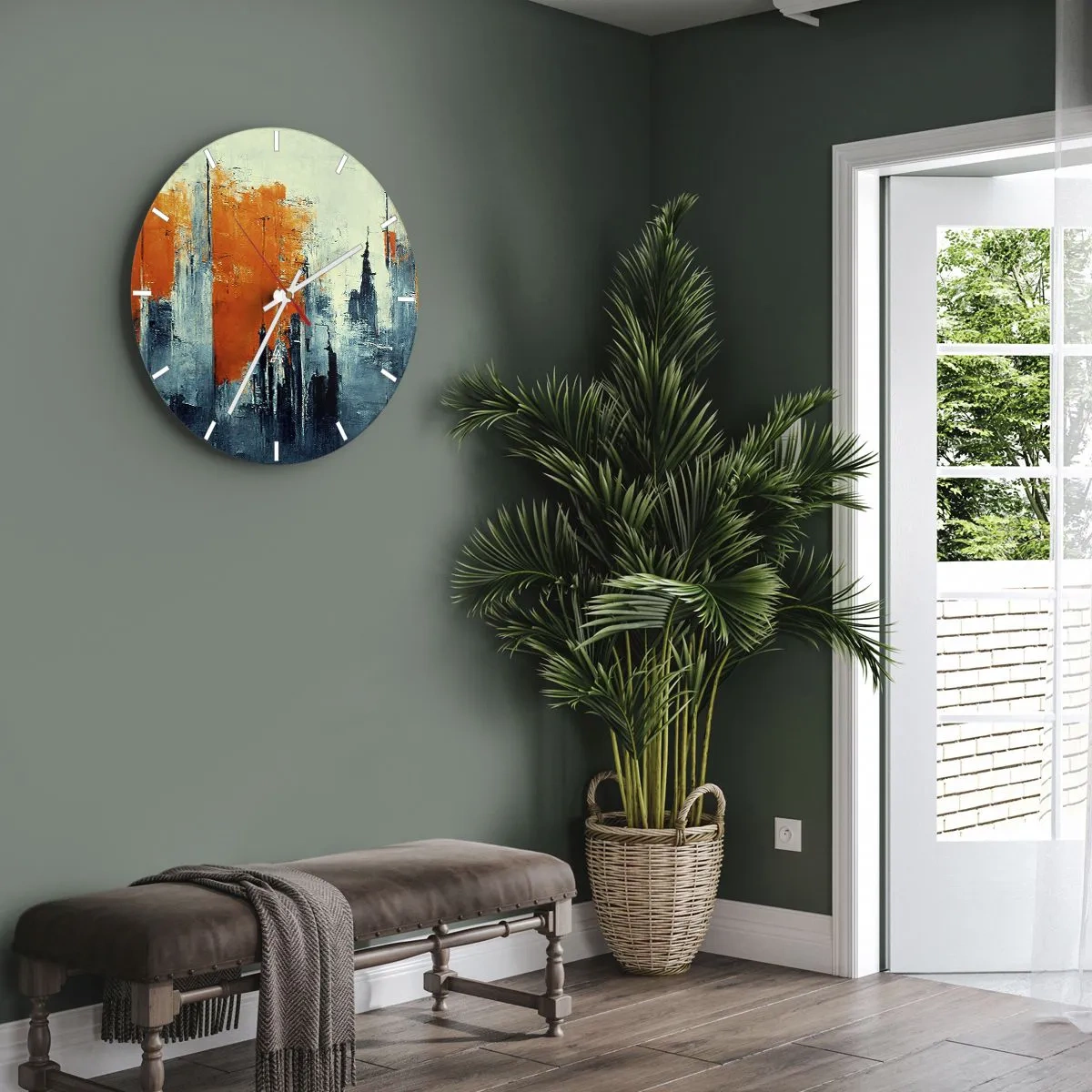 Väggklocka - Klocka på glas - Abstrakt stadspanorama i nyanser av orange och marinblått - 30x30cm - Modernt landskap - Modern väggdekoration för vardagsrum, kök och sovrum ARTTOR