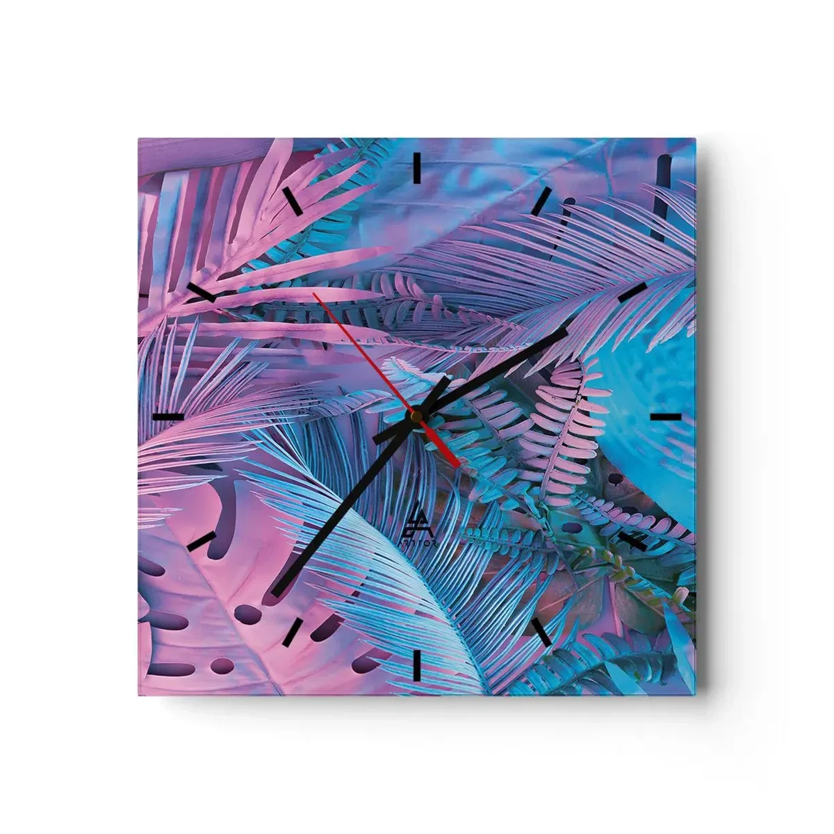 Väggklocka - Klocka på glas - Tropiken i rosa och blått - 40x40 cm