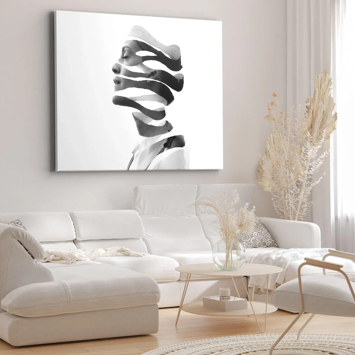 Canvastavla - Bild på duk - Svartvitt porträtt av en kvinna med surrealistisk randeffekt - 70x50cm - Surrealistisk porträtt - Modern väggdekoration för vardagsrum och sovrum ARTTOR