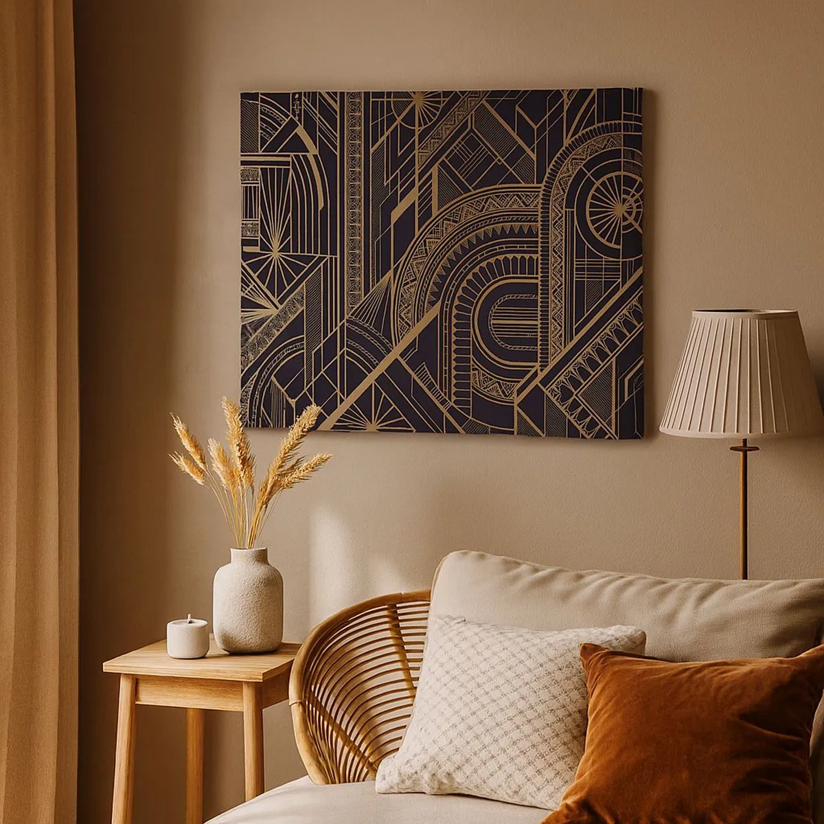 Canvastavla - Bild på duk - Gyllene geometriska mönster på svart bakgrund i art déco-stil - 70x50cm - Koncept, idéer, planer - Modern väggdekoration för vardagsrum och sovrum ARTTOR