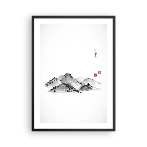 Affisch i svart ram - Ett minimalistiskt bergslandskap i japansk stil - 50x70cm - Bortom fjällen - Modern väggdekoration för vardagsrum och sovrum ARTTOR