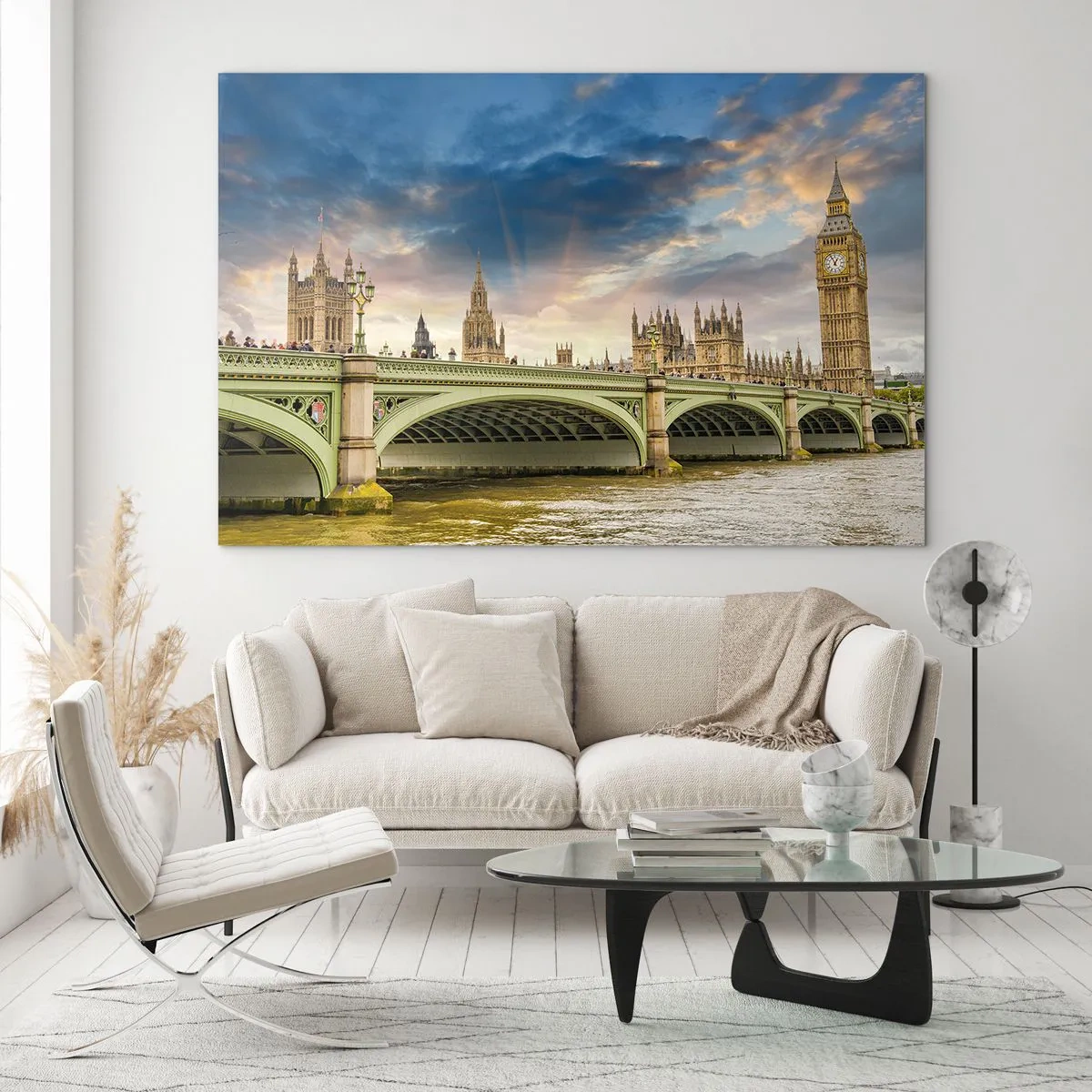Glastavla - Bild på glas - Big Ben och Westminsterbron vid solnedgången - 70x50cm - Tiden stannade i Imperiet - Modern väggdekoration för vardagsrum och sovrum ARTTOR
