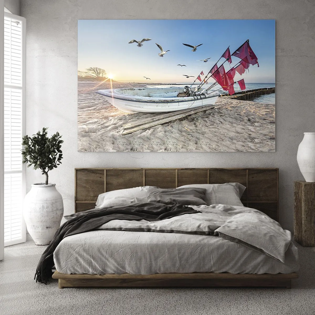 Glastavla - Bild på glas - Fiskebåt på stranden vid soluppgången - 70x50cm - Välförtjänt vila - Modern väggdekoration för vardagsrum och sovrum ARTTOR