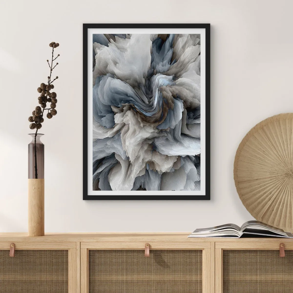 Affisch i svart ram - En abstrakt explosion av färger i nyanser av grått och blått. - 50x70cm - Sten och blomma - Modern väggdekoration för vardagsrum och sovrum ARTTOR