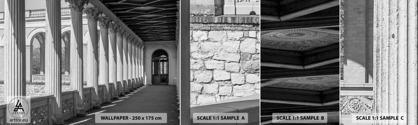 Provbit av självhäftande fototapet Deluxe Sticker - Solig arkad - Kolumner, Arkitektur, Klassisk - 100x30 cm