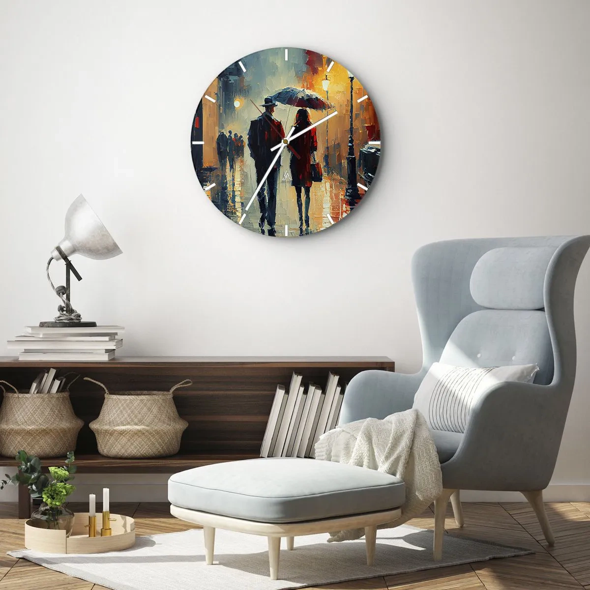 Väggklocka - Klocka på glas - Ett par under ett paraply i en urban miljö målad med palettkniv - 30x30cm - Kärlekshistoria på stan - Modern väggdekoration för vardagsrum, kök och sovrum ARTTOR