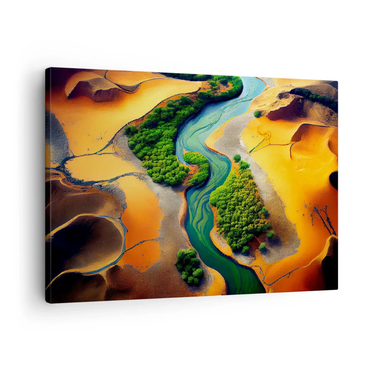 Canvastavla - Bild på duk - En grön flod omgiven av gyllene sand och vegetation - 70x50cm - Livgivande flod - Modern väggdekoration för vardagsrum och sovrum ARTTOR