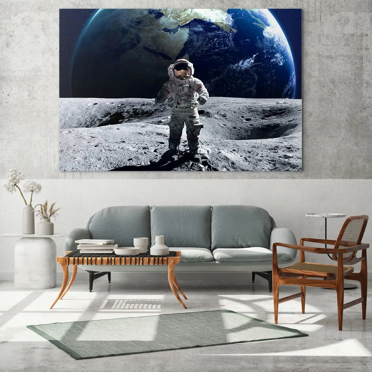 Glastavla - Bild på glas - Astronaut på månens yta med jorden i bakgrunden - 70x50cm - Hälsningar från månen - Modern väggdekoration för vardagsrum och sovrum ARTTOR