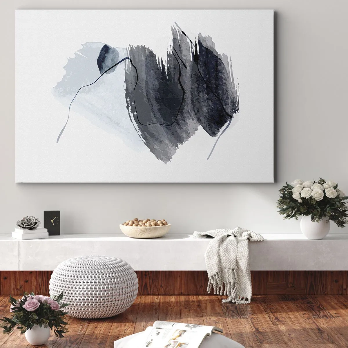 Canvastavla - Bild på duk - Abstrakt komposition i nyanser av grått och blått - 70x50cm - Intensitet och rörelse - Modern väggdekoration för vardagsrum och sovrum ARTTOR