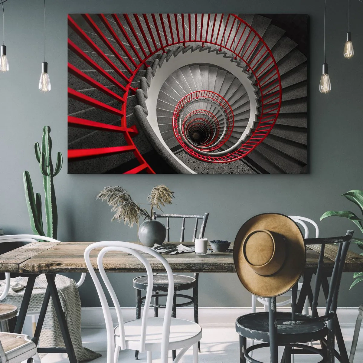 Canvastavla - Bild på duk - Spiraltrappa med röda ledstänger i ett dynamiskt perspektiv - 70x50cm - Arkitektoniska spel - Modern väggdekoration för vardagsrum och sovrum ARTTOR