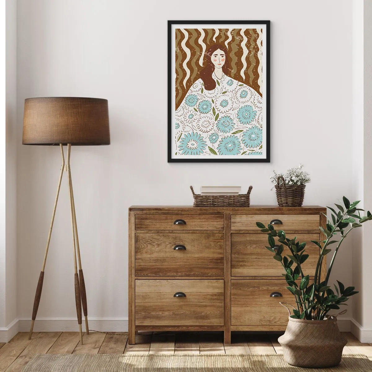 Affisch i svart ram - Porträtt i blommig mantel - 61x91 cm