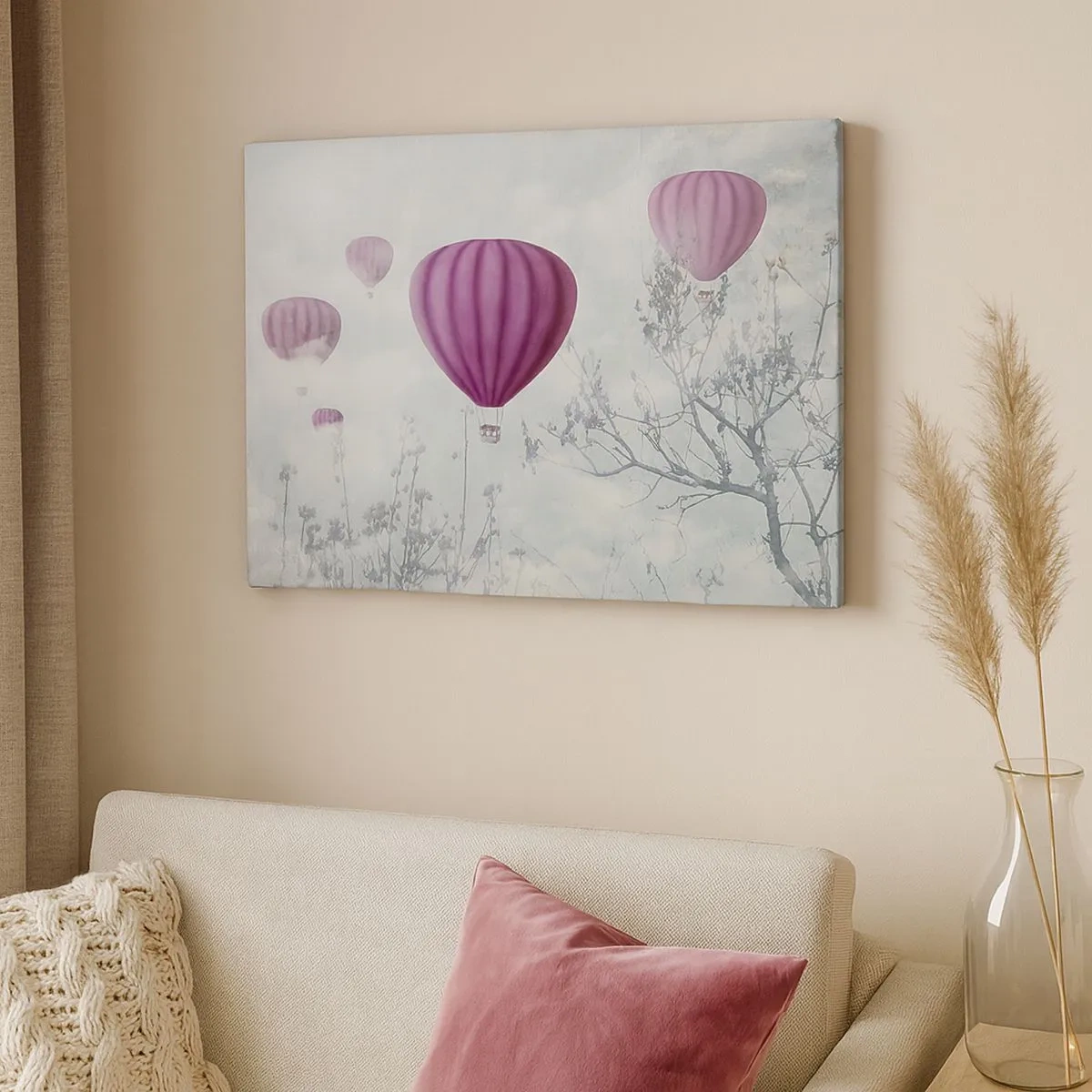 Canvastavla - Bild på duk - Lila ballonger som svävar ovanför träden i molnen - 70x50cm - Som båtar på himlen - Modern väggdekoration för vardagsrum och sovrum ARTTOR
