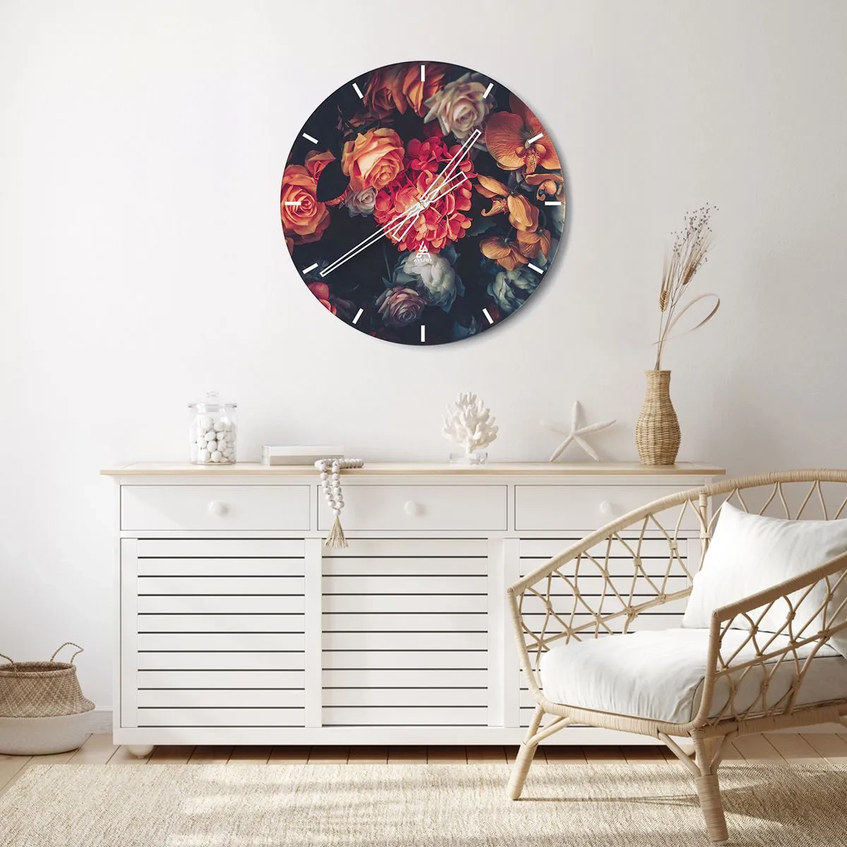Väggklocka - Klocka på glas - Barockstil blomsterarrangemang mot mörk bakgrund - 30x30cm - Som hos de holländska mästarna - Modern väggdekoration för vardagsrum, kök och sovrum ARTTOR