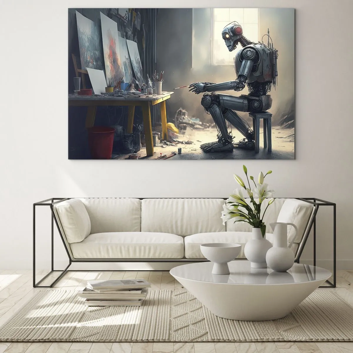 Glastavla - Bild på glas - En robot som målar bilder i en konststudio - 70x50cm - Den skapande handlingen - Modern väggdekoration för vardagsrum och sovrum ARTTOR
