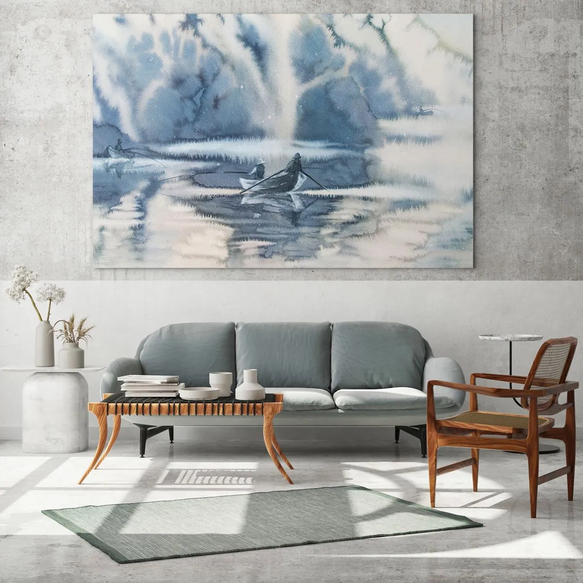 Glastavla - Bild på glas - Två fiskare på en båt omgiven av ett dimmigt landskap - 70x50cm - Sportfiskare i sitt paradis - Modern väggdekoration för vardagsrum och sovrum ARTTOR