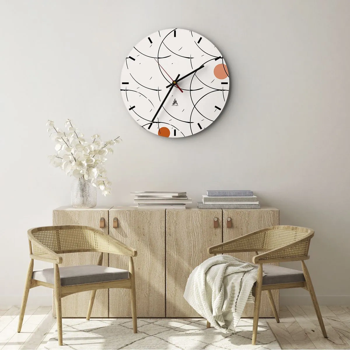 Väggklocka - Klocka på glas - Popkonstkomposition med svarta linjer och färgade cirklar - 30x30cm - I popkonstens anda - Modern väggdekoration för vardagsrum, kök och sovrum ARTTOR