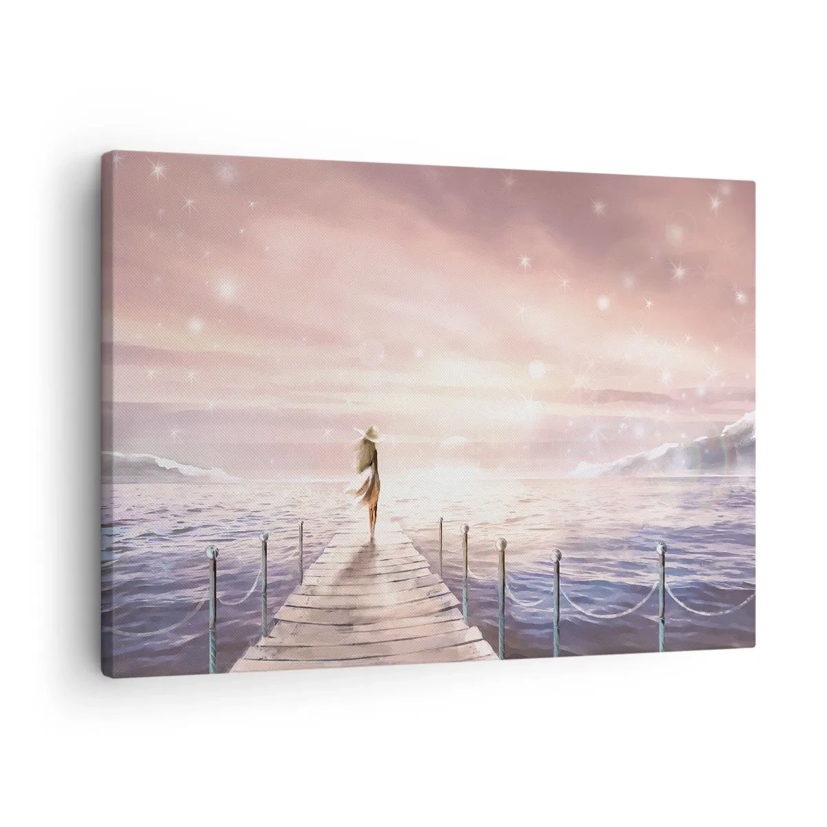Canvastavla - Bild på duk - En kvinna på en brygga i en magisk solnedgång - 70x50cm - I drömmens ljus - Modern väggdekoration för vardagsrum och sovrum ARTTOR