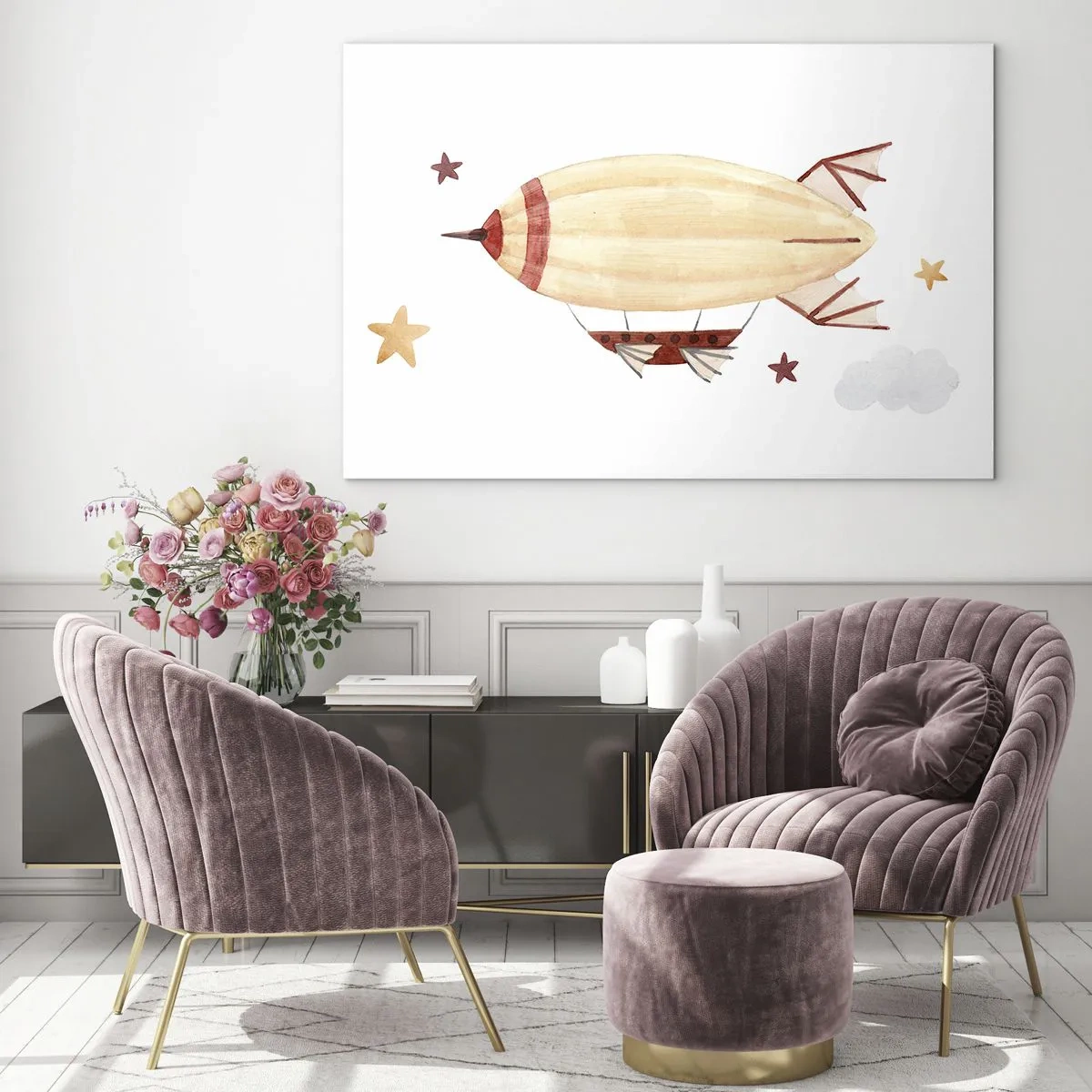 Glastavla - Bild på glas - Ett tecknat luftskepp bland stjärnorna på en vit bakgrund - 70x50cm - Luftskepp - Modern väggdekoration för vardagsrum och sovrum ARTTOR