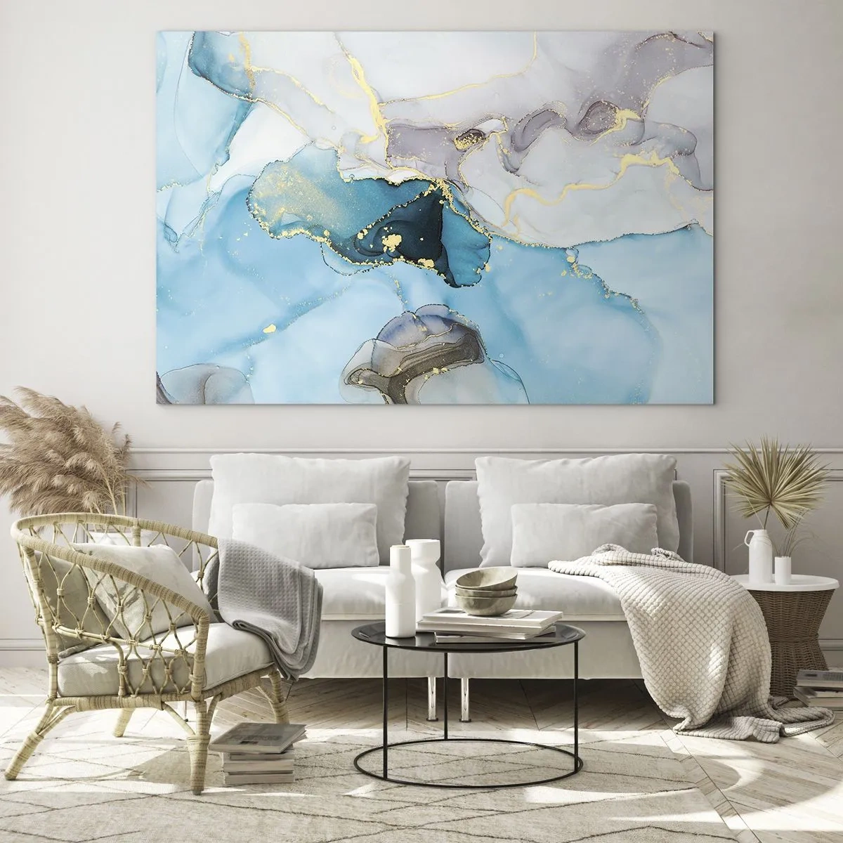 Glastavla - Bild på glas - Turkosa och grå vågor med guldfärgade accenter - 70x50cm - Studie över mötet mellan grå och turkos - Modern väggdekoration för vardagsrum och sovrum ARTTOR