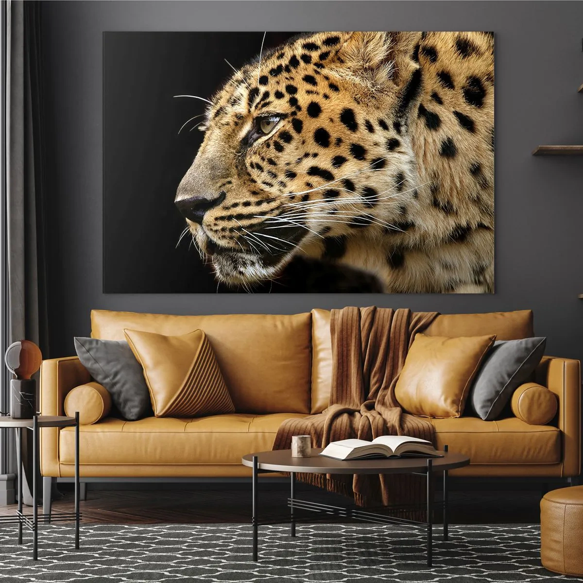 Glastavla - Bild på glas - Profil av en leopard på svart bakgrund - 70x50cm - Lugn, fokuserad, redo - Modern väggdekoration för vardagsrum och sovrum ARTTOR