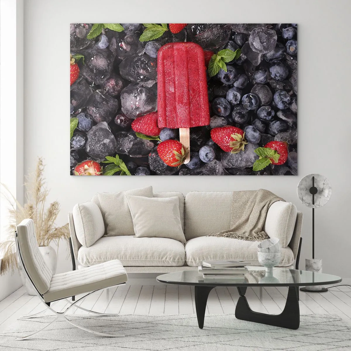 Glastavla - Bild på glas - En ispinne bland fryst frukt och myntablad - 70x50cm - En smak av varm sommar - Modern väggdekoration för vardagsrum och sovrum ARTTOR