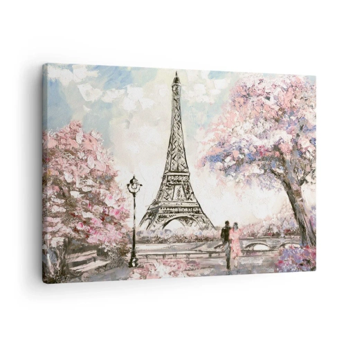 Canvastavla - Bild på duk - Eiffeltornet omgivet av blommande träd - 70x50cm - Aprilpromenad i Paris - Modern väggdekoration för vardagsrum och sovrum ARTTOR