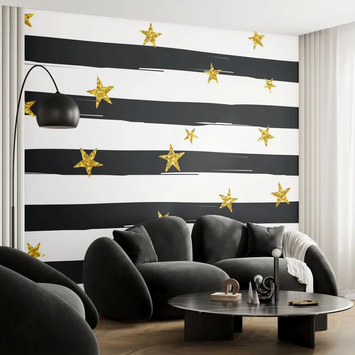 Självhäftande Fototapet Deluxe Sticker - Alla är vi födda under lycklig stjärna - Grafik, Guldstjärna, Svarta och vita ränder - 250x175 cm