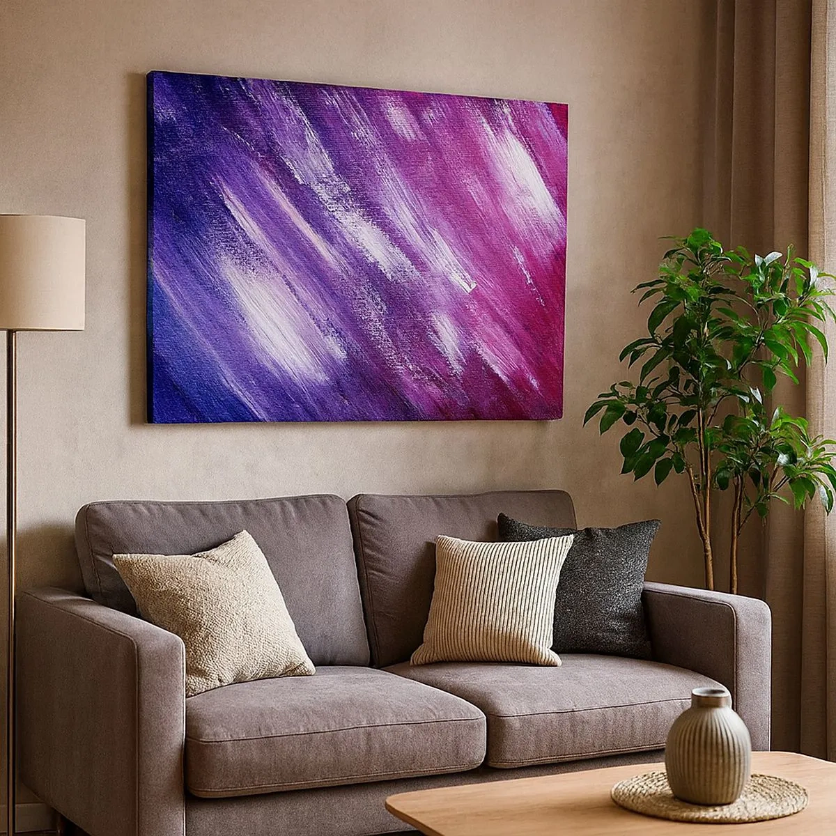 Canvastavla - Bild på duk - Abstrakta penseldrag i nyanser av lila och rosa - 70x50cm - När solig vind blåser - Modern väggdekoration för vardagsrum och sovrum ARTTOR