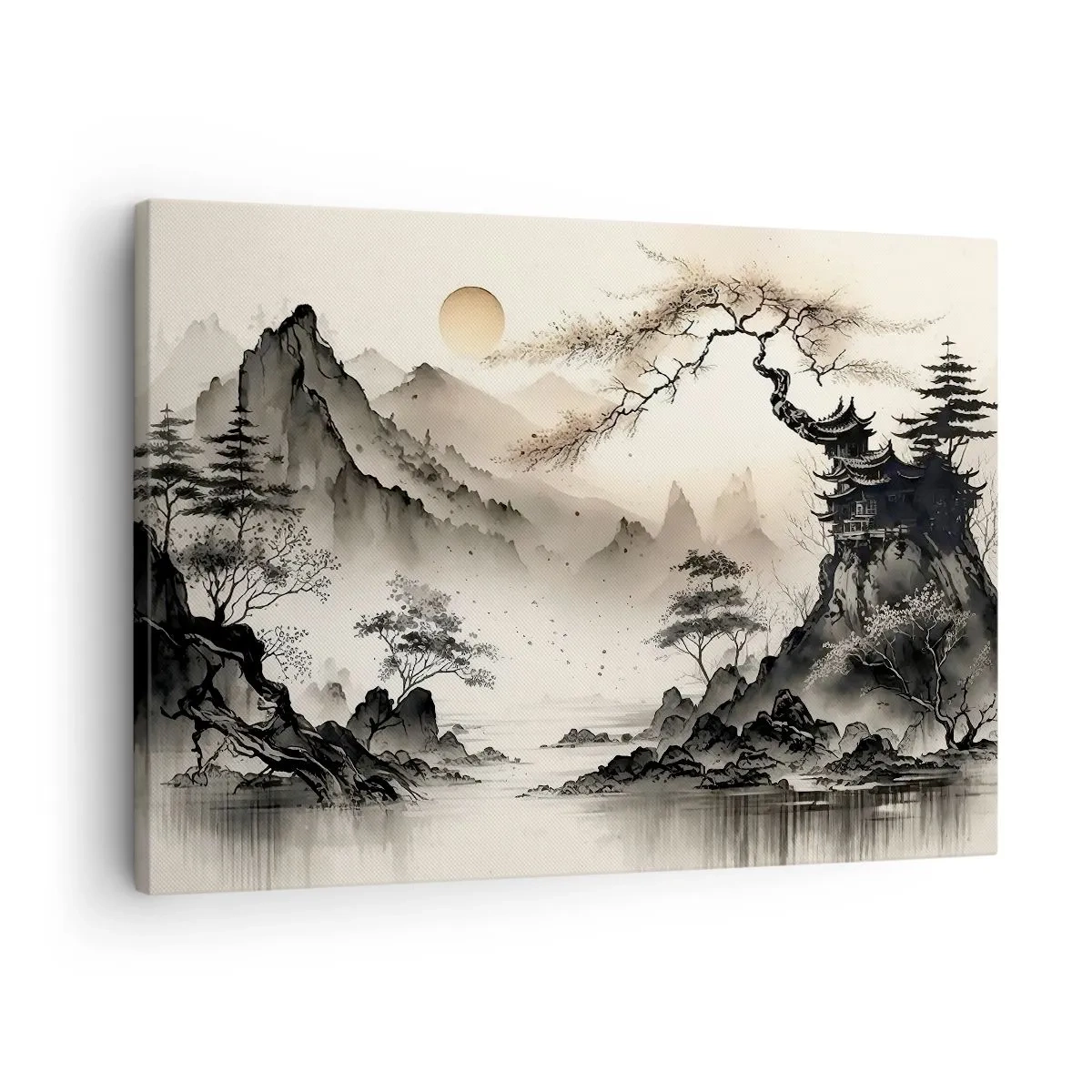 Canvastavla - Bild på duk - Ett orientaliskt landskap med berg och en pagod i fina nyanser. - 70x50cm - Orientens unika charm - Modern väggdekoration för vardagsrum och sovrum ARTTOR
