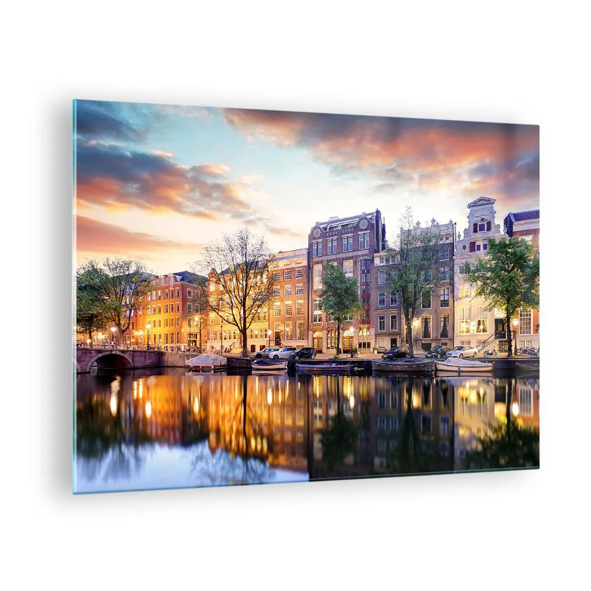 Glastavla - Bild på glas - Amsterdamkanalen vid solnedgången med reflektion i vattnet - 70x50cm - Återhållsam och lugn holländsk skönhet - Modern väggdekoration för vardagsrum och sovrum ARTTOR