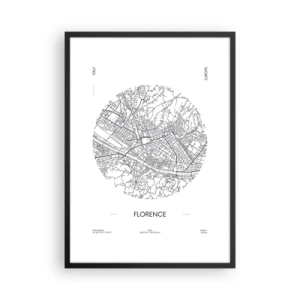 Affisch i svart ram - En minimalistisk karta över Florens i svartvitt. - 50x70cm - Florens anatomi - Modern väggdekoration för vardagsrum och sovrum ARTTOR