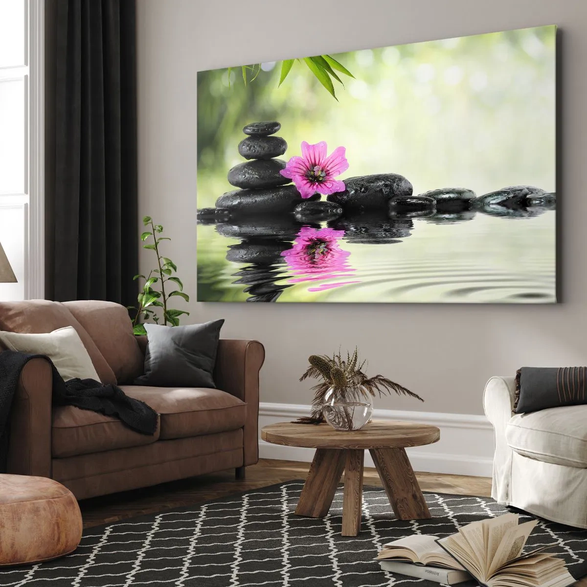 Canvastavla - Bild på duk - Zenstenar och en rosa blomma reflekterad i vattnet - 70x50cm - Tid för själen - Modern väggdekoration för vardagsrum och sovrum ARTTOR