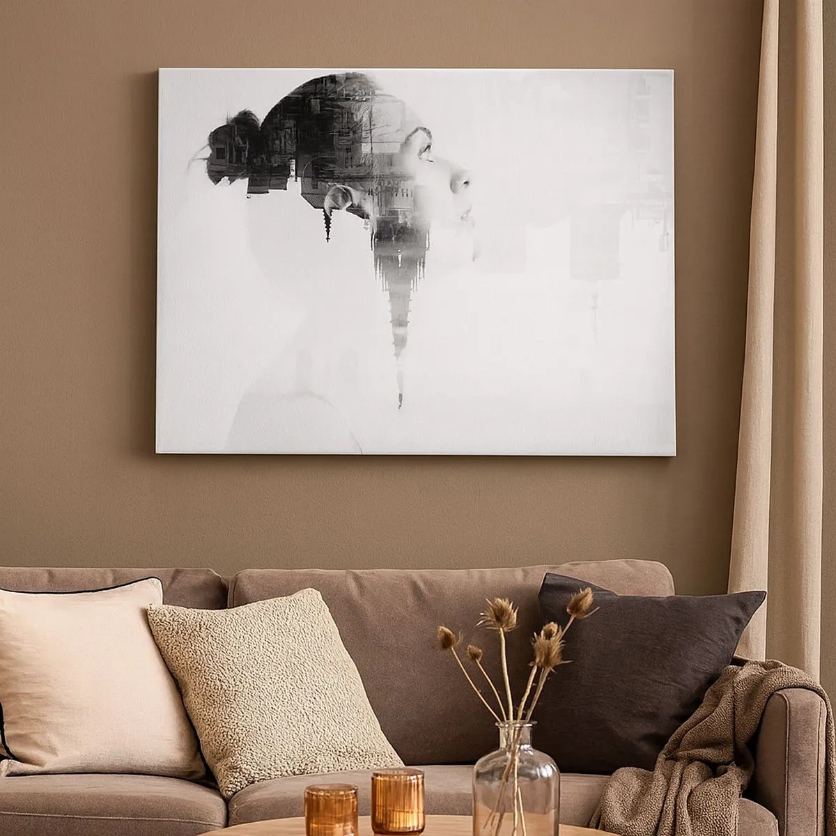 Canvastavla - Bild på duk - Porträtt av en kvinna med konturerna av en stad i bakgrunden, svarta och vita färger - 70x50cm - På rutans båda sidor - Modern väggdekoration för vardagsrum och sovrum ARTTOR