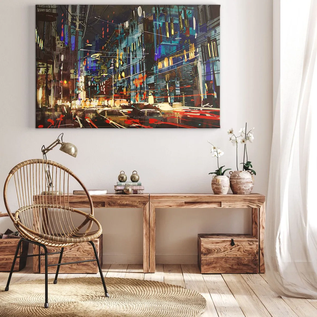Canvastavla - Bild på duk - Stadsnattscen med neonljus - 70x50cm - Gatans kvällsbuller - Modern väggdekoration för vardagsrum och sovrum ARTTOR