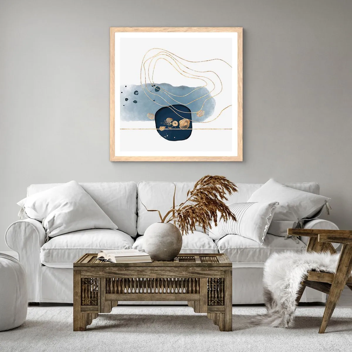 Affisch i ram av ljusek - Blå-guld fantasi - 50x50 cm