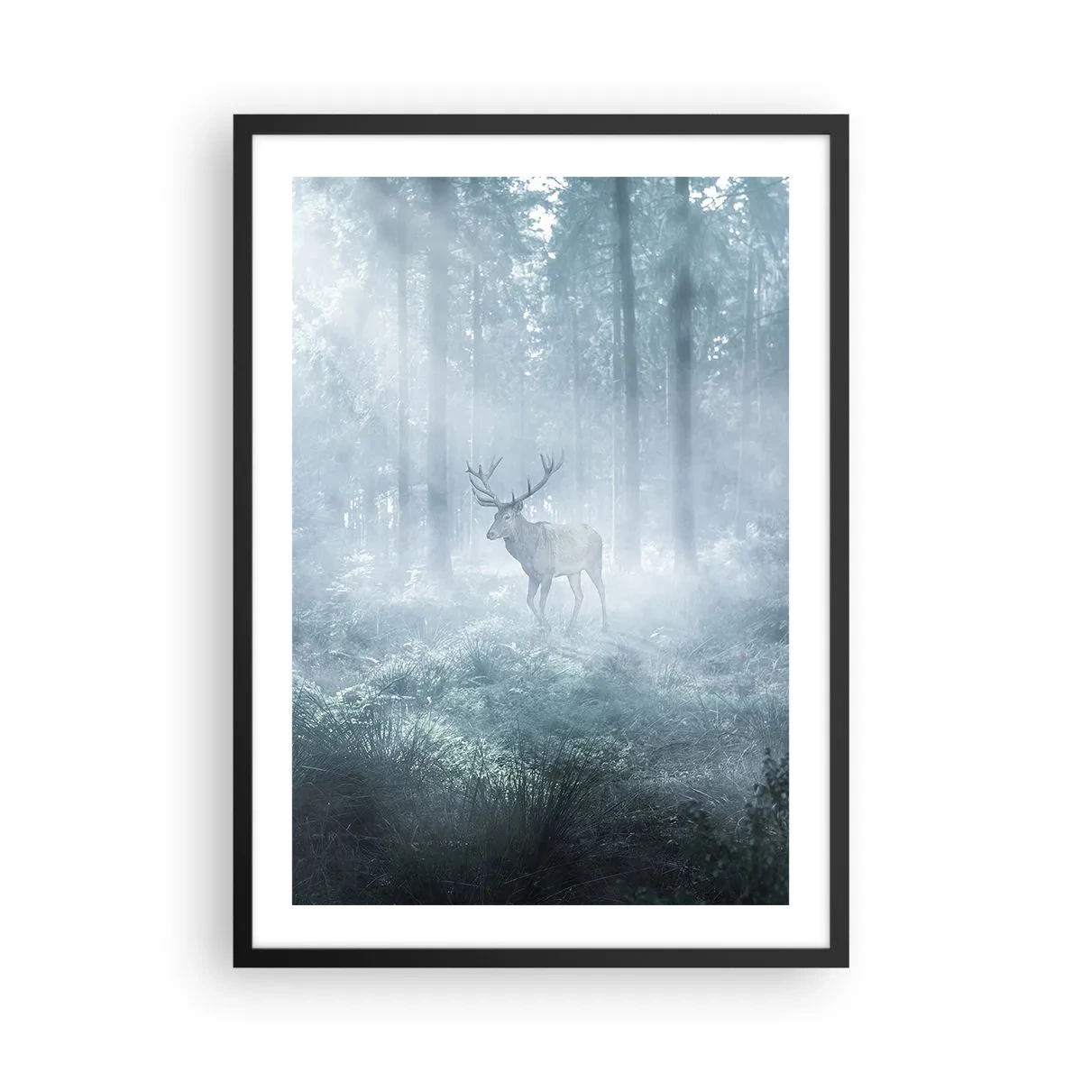 Affisch i svart ram - Hjort i morgondimman i skogen - 50x70cm - Morgonrond runt godset - Modern väggdekoration för vardagsrum och sovrum ARTTOR
