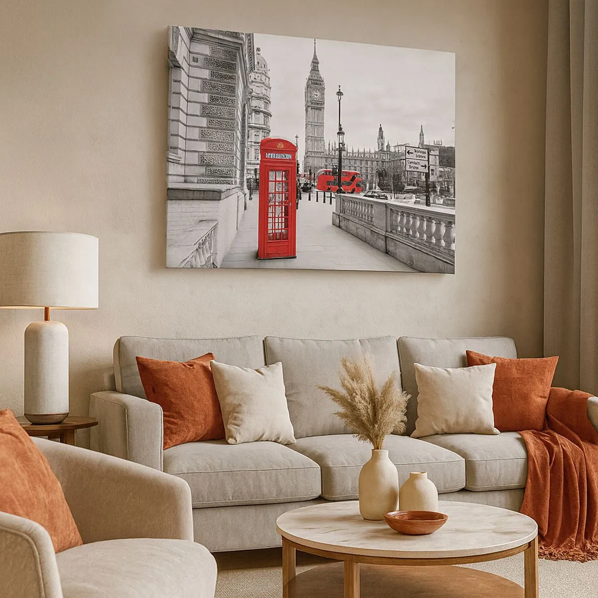 Canvastavla - Bild på duk - En röd telefonkiosk med Big Ben i bakgrunden i London - 70x50cm - London utan tvekan - Modern väggdekoration för vardagsrum och sovrum ARTTOR