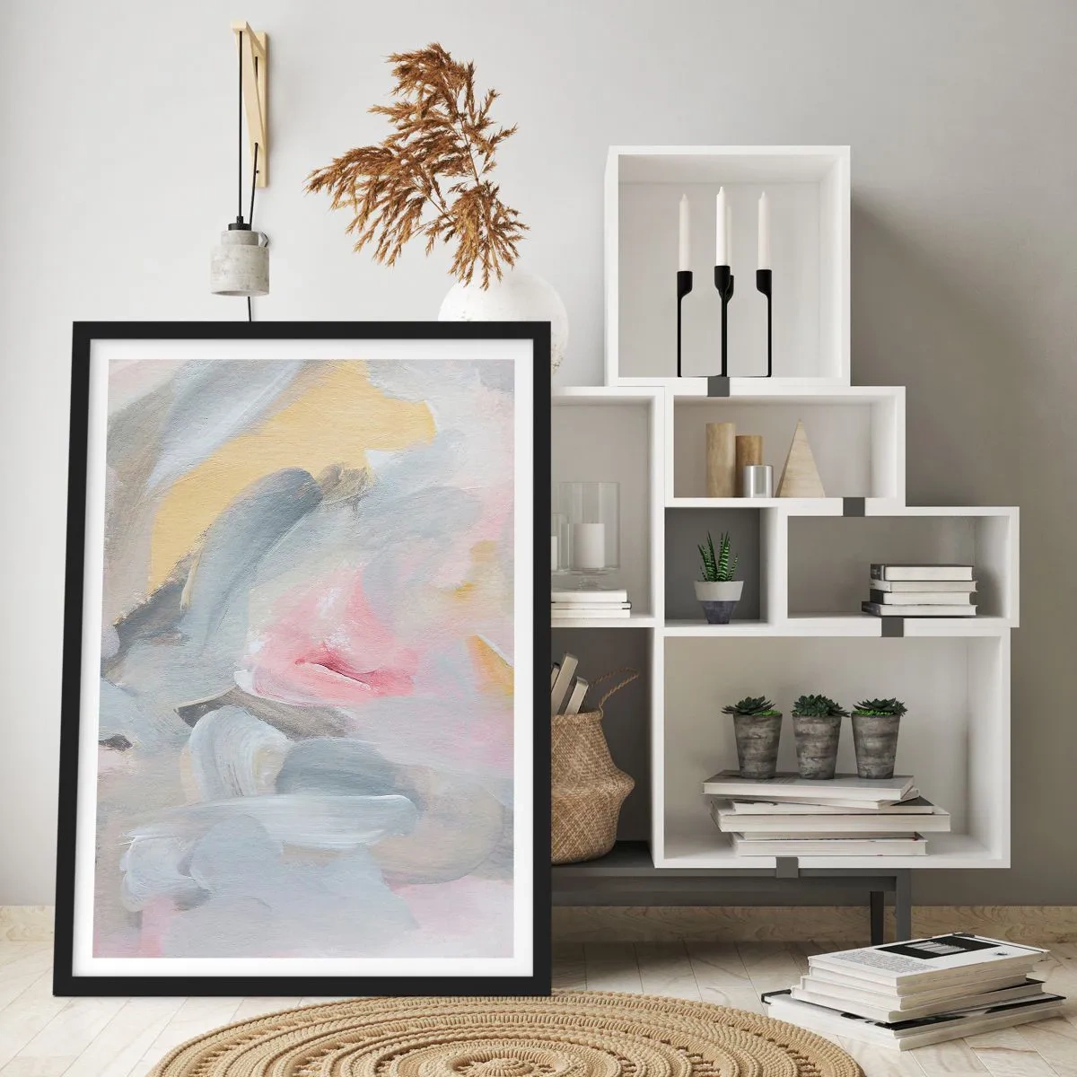 Affisch i svart ram - Abstrakt komposition i pastellfärger - 50x70cm - I en pastellfärgad värld - Modern väggdekoration för vardagsrum och sovrum ARTTOR
