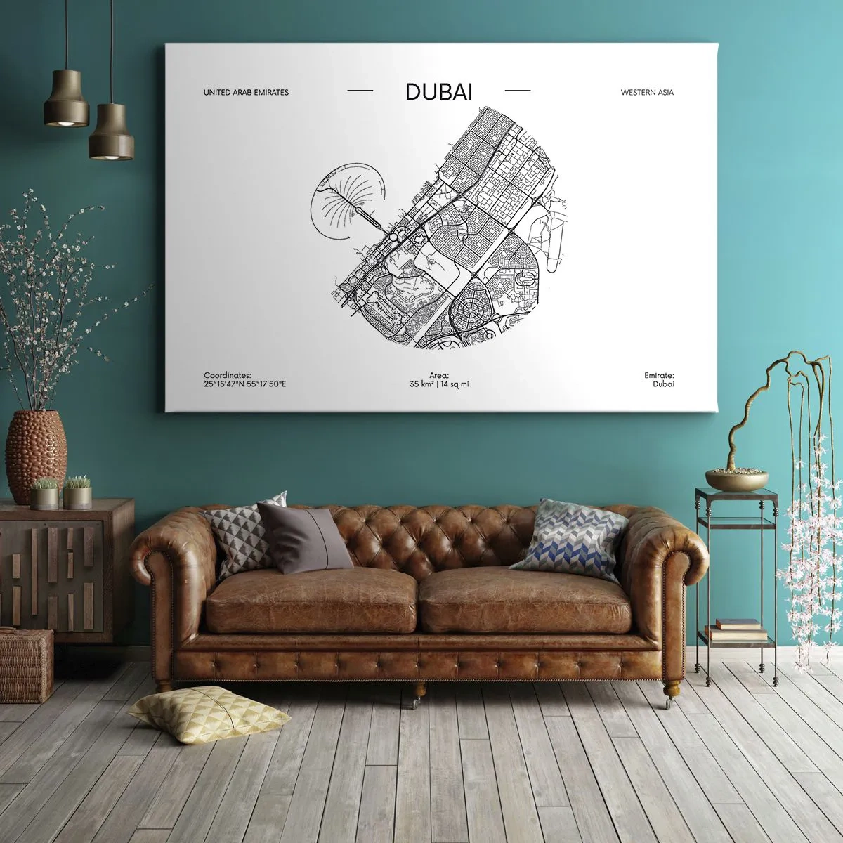Canvastavla - Bild på duk - En minimalistisk svartvit karta över Dubai med platsmarkeringar. - 70x50cm - Dubais anatomi - Modern väggdekoration för vardagsrum och sovrum ARTTOR