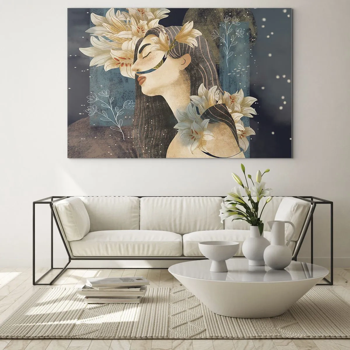Glastavla - Bild på glas - En kvinnofigur med liljor i sagostil - 70x50cm - Sagan om drottning med liljor - Modern väggdekoration för vardagsrum och sovrum ARTTOR