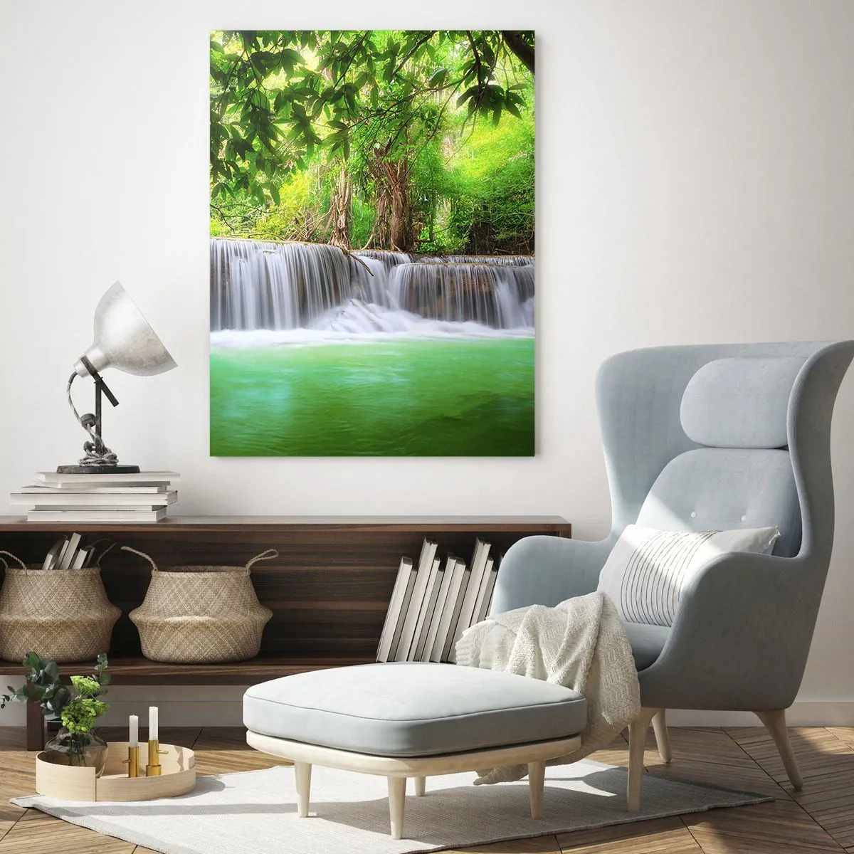 Glastavla - Bild på glas - Kaskad i det gröna - 50x70 cm