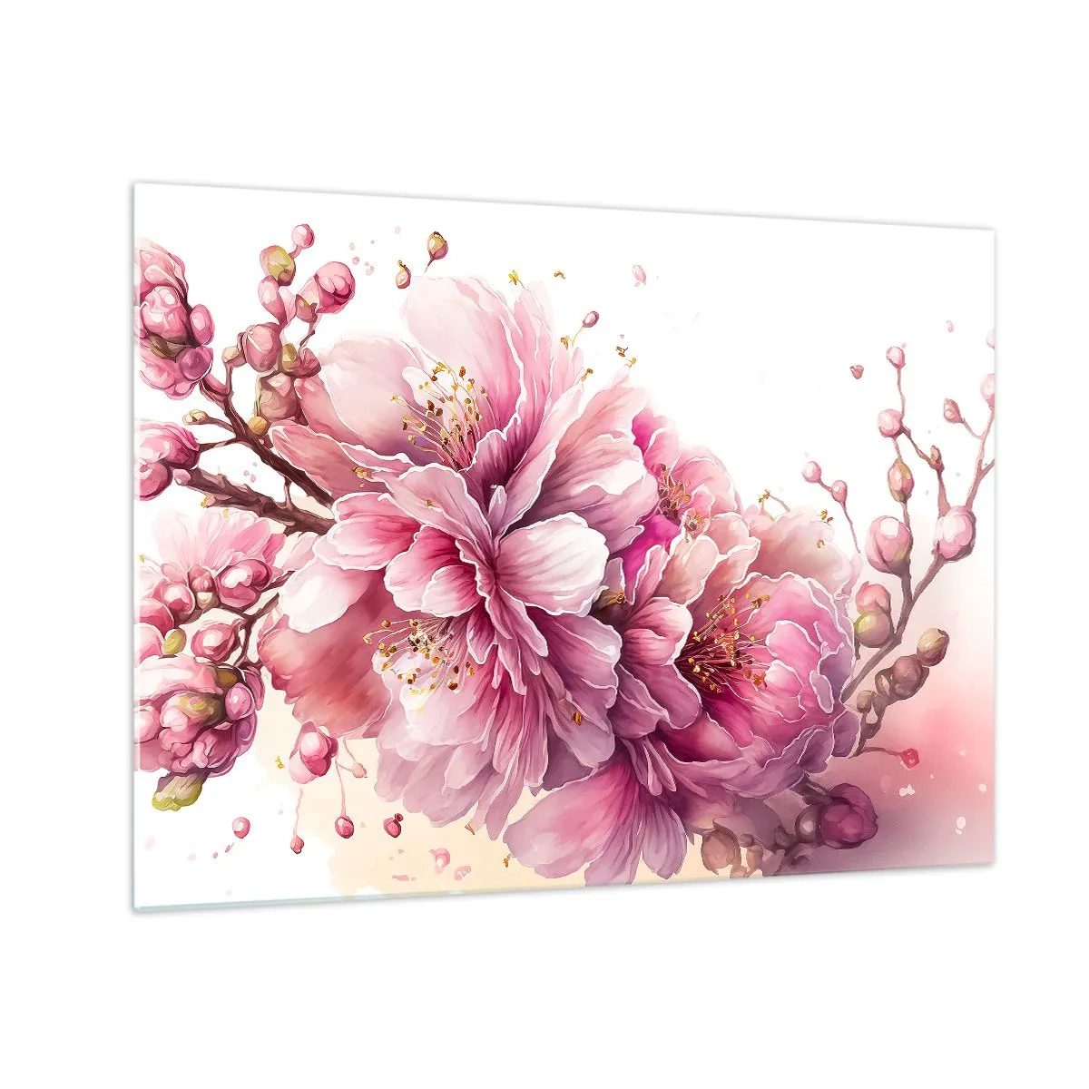 Glastavla - Bild på glas - Rosa körsbärsblommor i full blom mot en ljus bakgrund - 70x50cm - Blommande körsbärsblomma - Modern väggdekoration för vardagsrum och sovrum ARTTOR