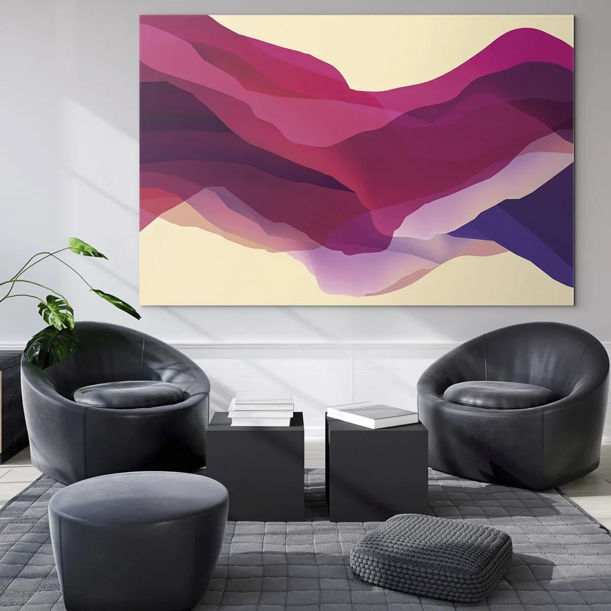Glastavla - Bild på glas - Abstrakta vågor i nyanser av lila och rosa mot en ljus bakgrund - 70x50cm - Purpurfärgade vågor - Modern väggdekoration för vardagsrum och sovrum ARTTOR