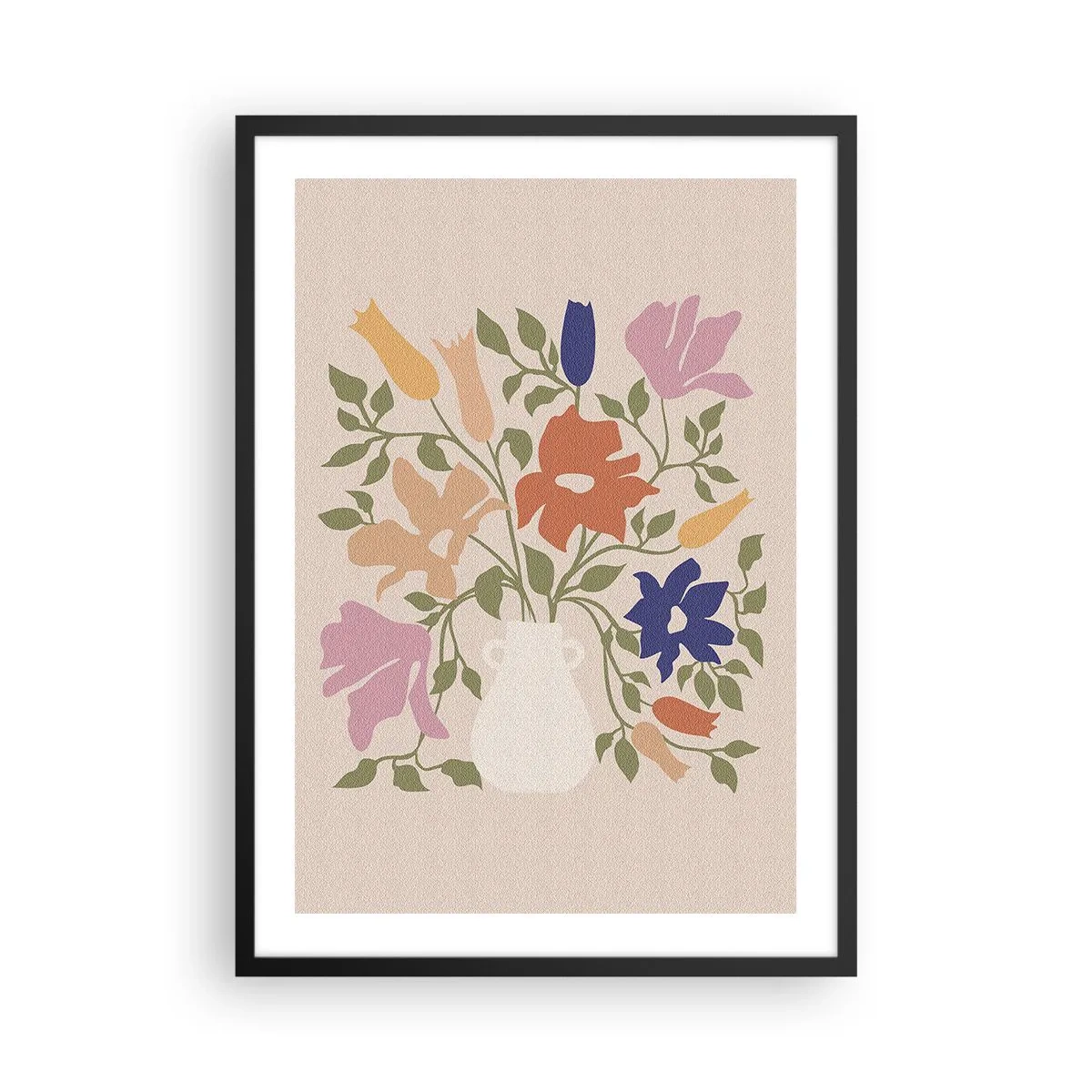 Affisch i svart ram - En färgglad blombukett i en ljus vas på en beige bakgrund - 50x70cm - En delikat bukett - Modern väggdekoration för vardagsrum och sovrum ARTTOR