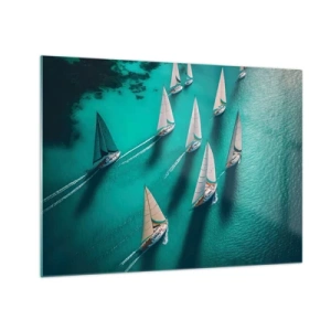 Glastavla - Bild på glas - Segelbåtar på turkost vatten fångade från ett fågelperspektiv - 70x50cm - Tävla med vinden - Modern väggdekoration för vardagsrum och sovrum ARTTOR