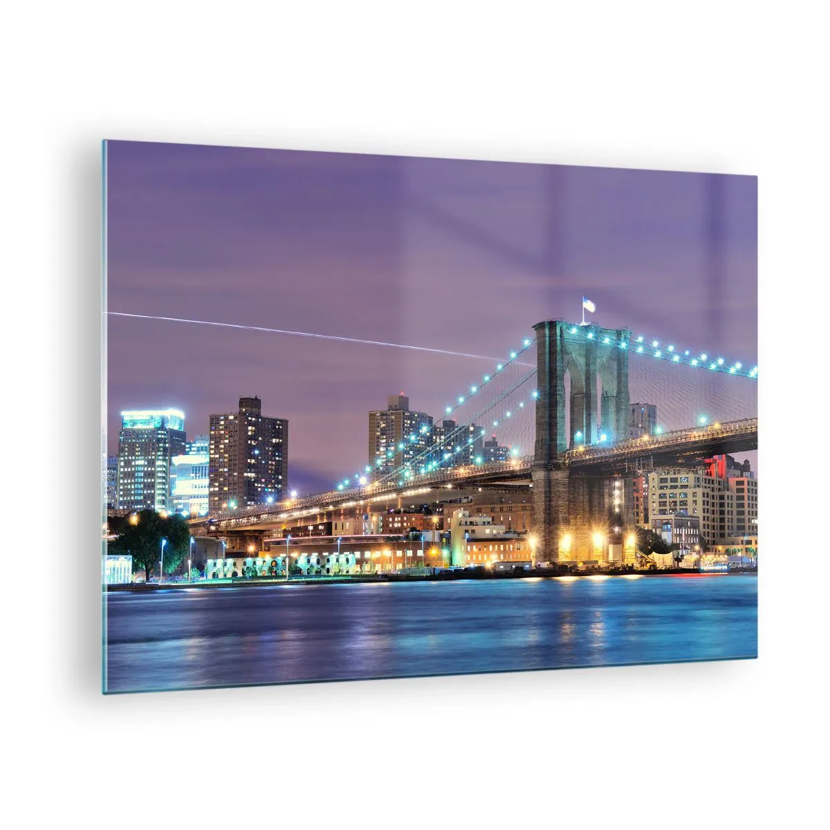 Glastavla - Bild på glas - Brooklynbron på natten med tornen och staden upplysta - 70x50cm - Brooklyn-bron sedan många år - Modern väggdekoration för vardagsrum och sovrum ARTTOR