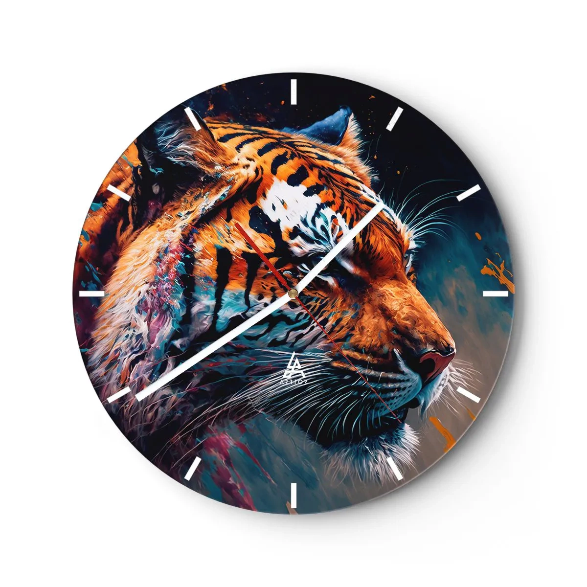 Väggklocka - Klocka på glas - Porträtt av en tiger i intensiva färger med måleriska accenter - 30x30cm - Vild skönhet - Modern väggdekoration för vardagsrum, kök och sovrum ARTTOR